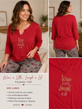 Rene Rofe WINE Red V-neck Long Sleeve PJ Top with Script Embroidery LARFE